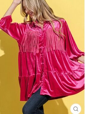 Boho NWT Festival Fringe Detail velvet Button-Front Women's Top size S-M-L